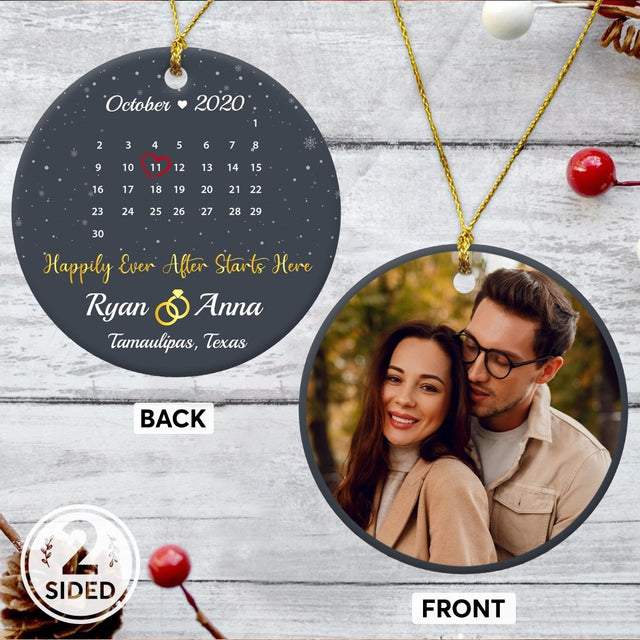 Happily Ever After Starts Here Custom Photo, Date And Text Anniversary Gift Navy Background Decorative Christmas Circle Ornament 2 Sided