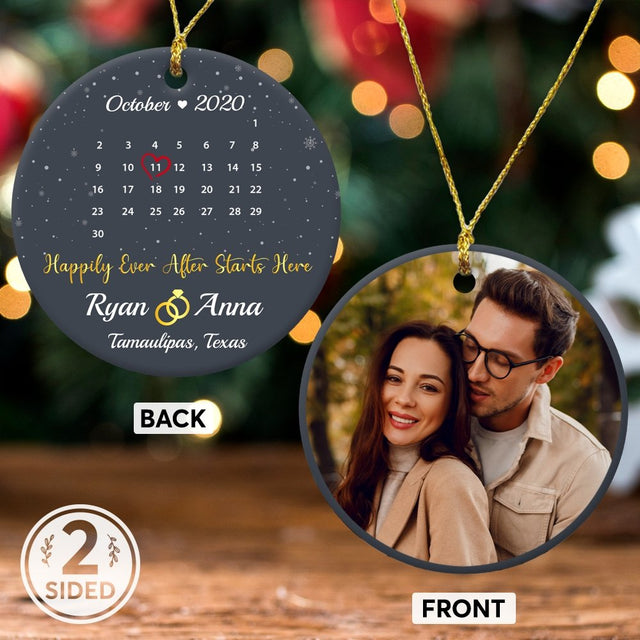 Happily Ever After Starts Here Custom Photo, Date And Text Anniversary Gift Navy Background Decorative Christmas Circle Ornament 2 Sided
