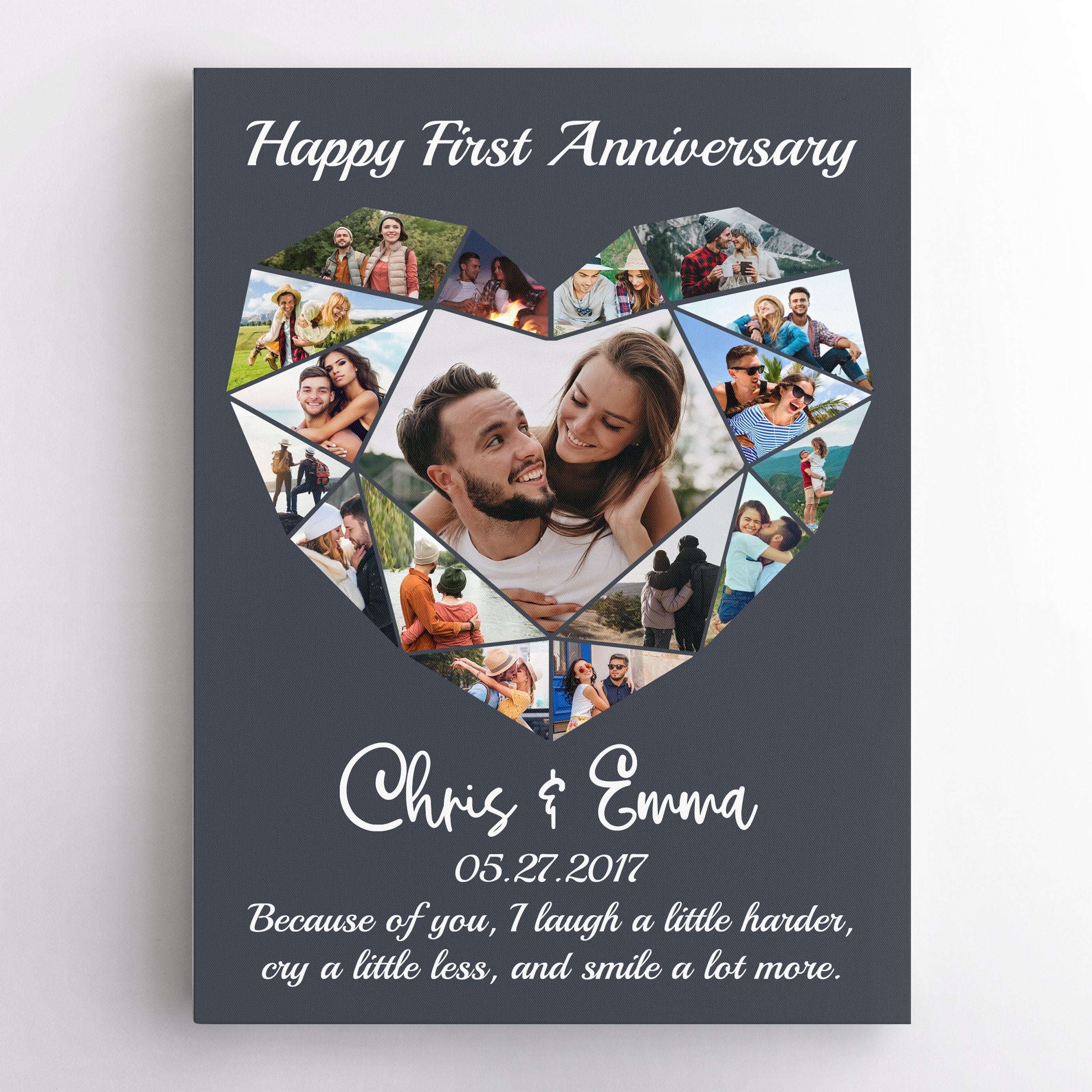 Happy First Anniversary Heart Photo Collage Navy Vintage Background Canvas