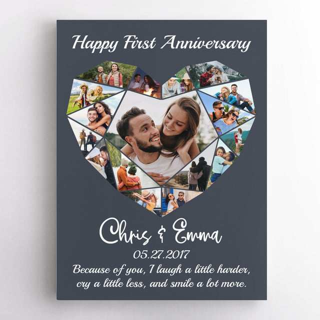 Happy First Anniversary Heart Photo Collage Navy Vintage Background Canvas