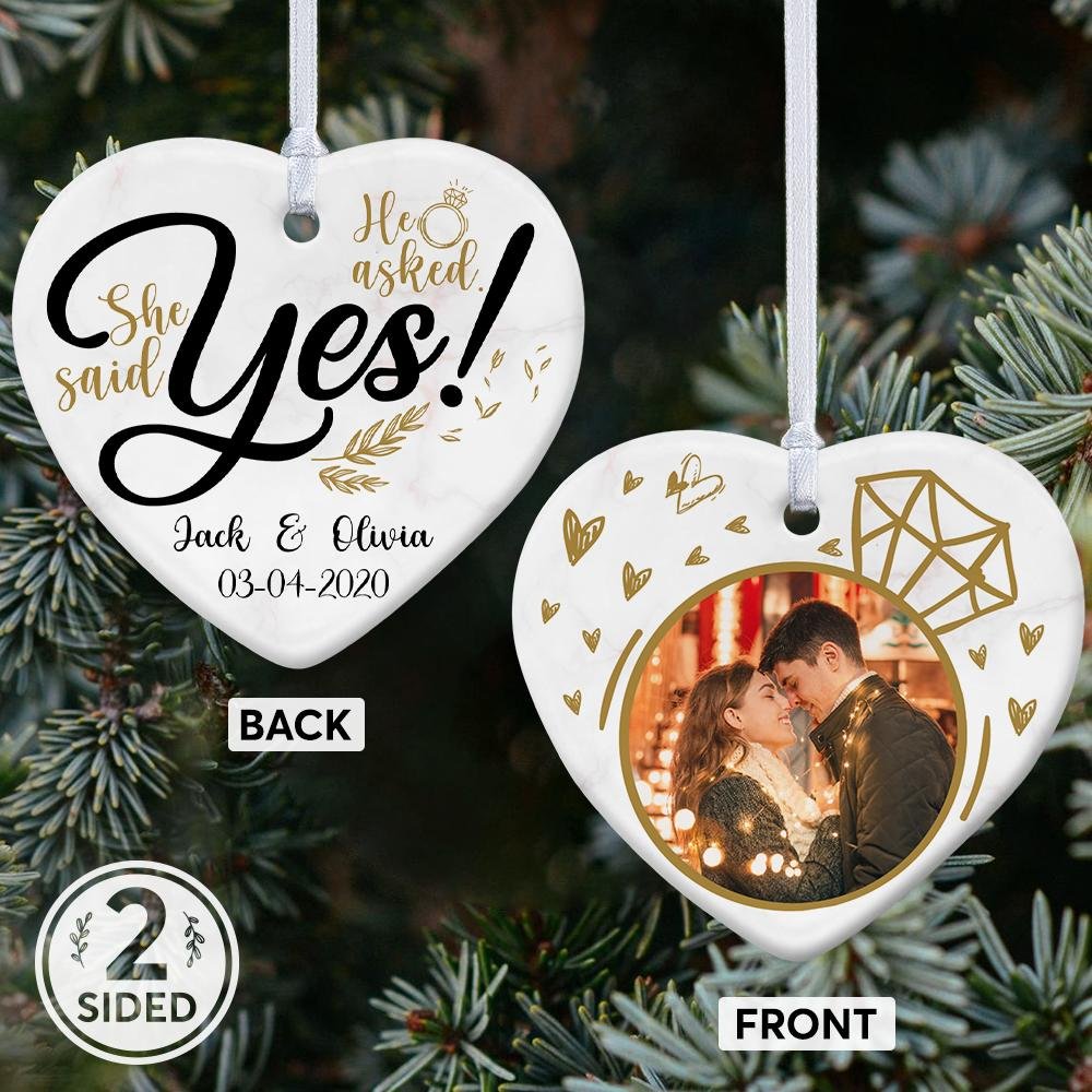 He Asked, She Said Yes Custom Photo And Text Decorative Christmas Heart Ornament 2 Sided