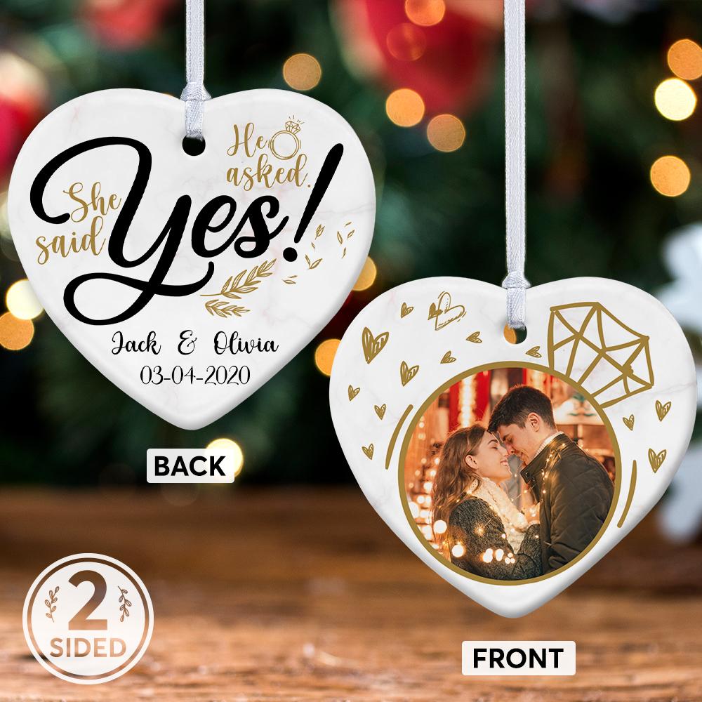 He Asked, She Said Yes Custom Photo And Text Decorative Christmas Heart Ornament 2 Sided