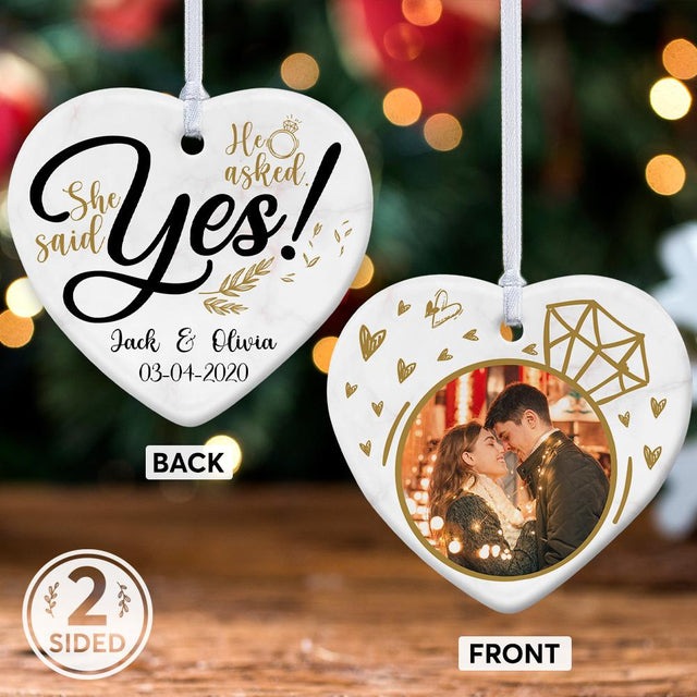He Asked, She Said Yes Custom Photo And Text Decorative Christmas Heart Ornament 2 Sided