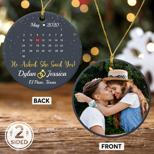 He Asked, She Said Yes! Custom Photo, Date And Text Anniversary Gift Navy Background Decorative Christmas Circle Ornament 2 Sided