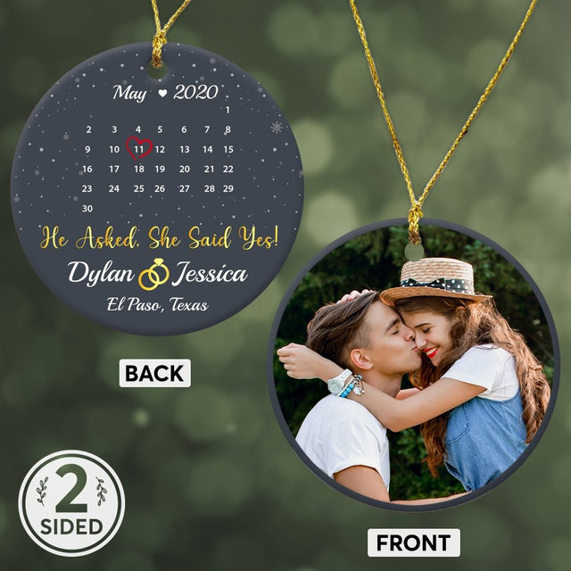 He Asked, She Said Yes! Custom Photo, Date And Text Anniversary Gift Navy Background Decorative Christmas Circle Ornament 2 Sided