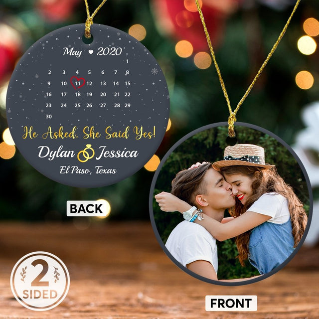 He Asked, She Said Yes! Custom Photo, Date And Text Anniversary Gift Navy Background Decorative Christmas Circle Ornament 2 Sided
