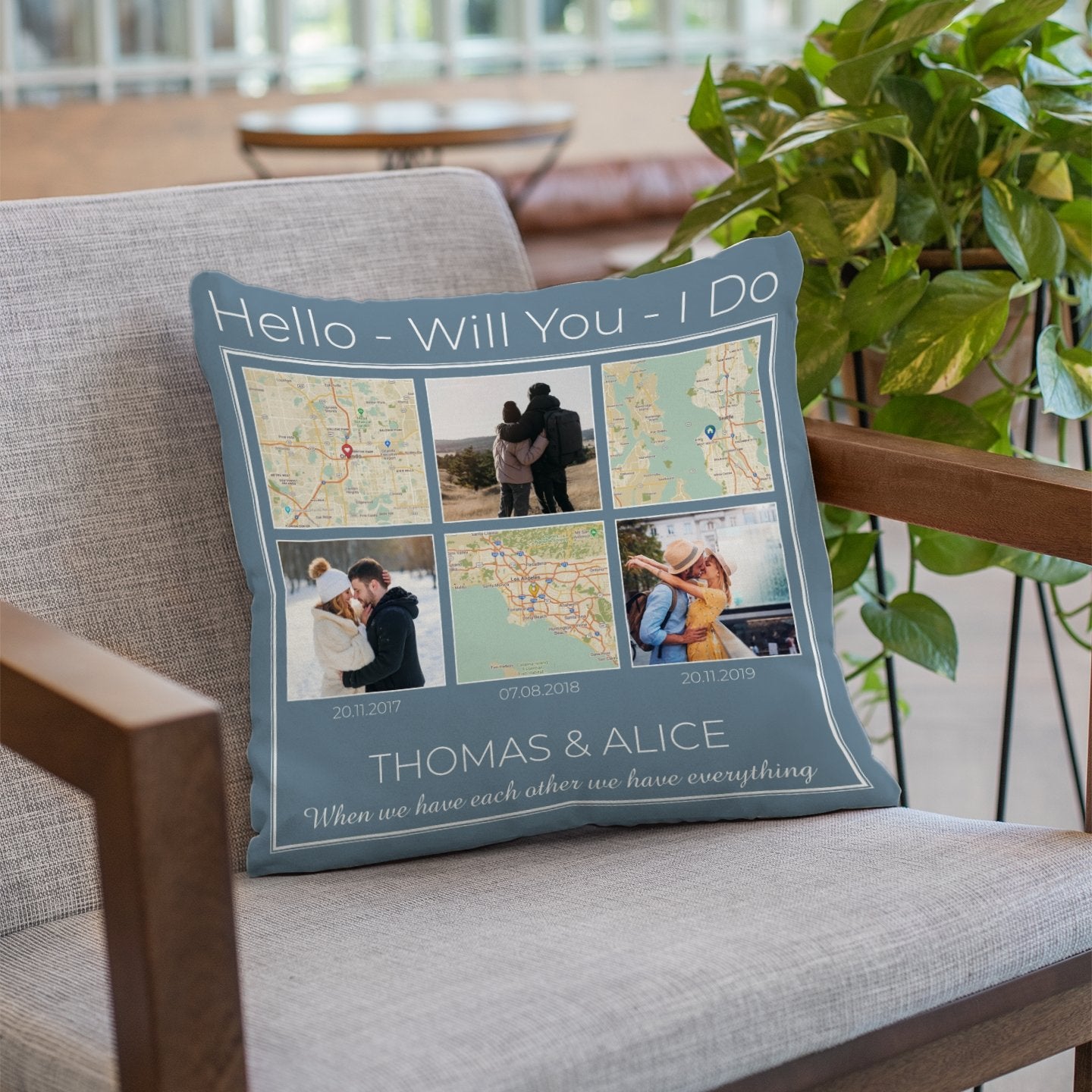 Hello, Will You, I Do Custom Map Print And Photo Collage 2 In 1, Personalized Text Pillow