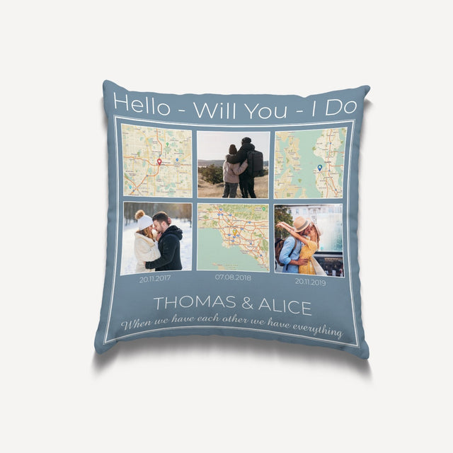 Hello, Will You, I Do Custom Map Print And Photo Collage 2 In 1, Personalized Text Pillow