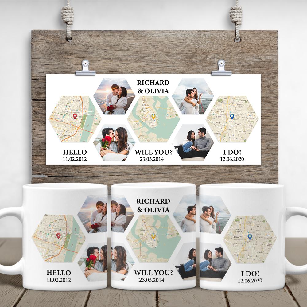 Hello, Will You, I Do Custom Map Print And Photo Collage, Personalized Text White Mug