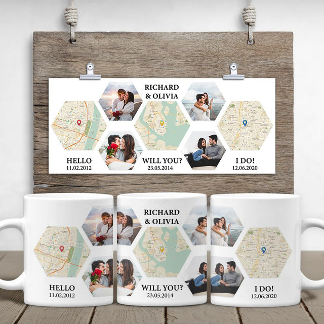 Hello, Will You, I Do Custom Map Print And Photo Collage, Personalized Text White Mug