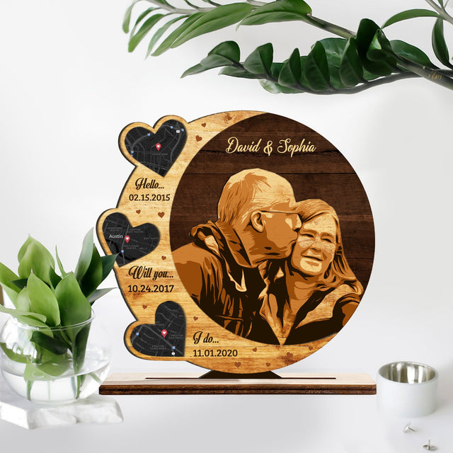 Hello Will You I Do, Custom Map Print By Location, Portrait From Photo, Wooden Plaque 3 Layers