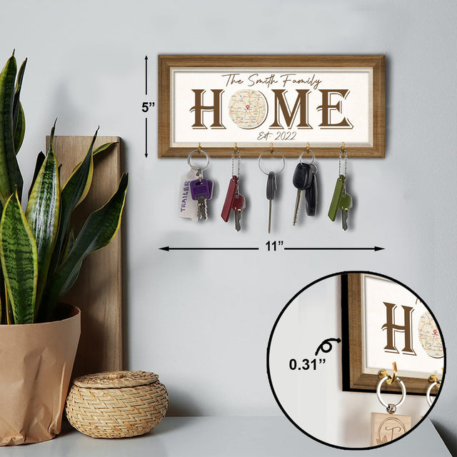 Home, Custom Map Print By Locations, Personalized Family Name, Key Hook
