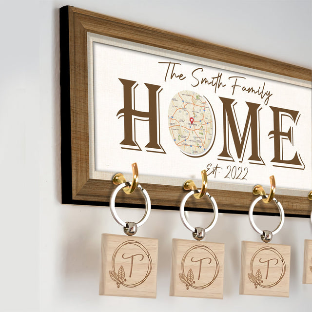 Home, Custom Map Print By Locations, Personalized Family Name, Key Hook