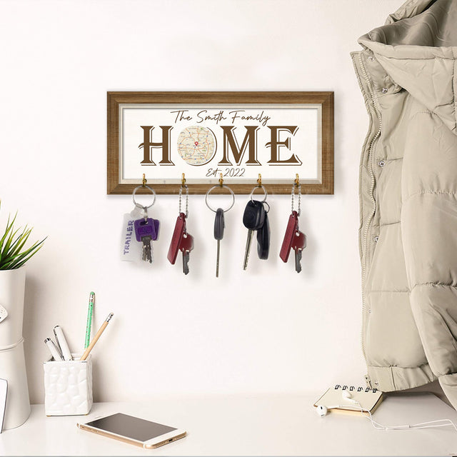 Home, Custom Map Print By Locations, Personalized Family Name, Key Hook