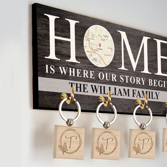 Home Is Where Our Story Begins, Custom Key Hook, Personalized Map Print By Locations