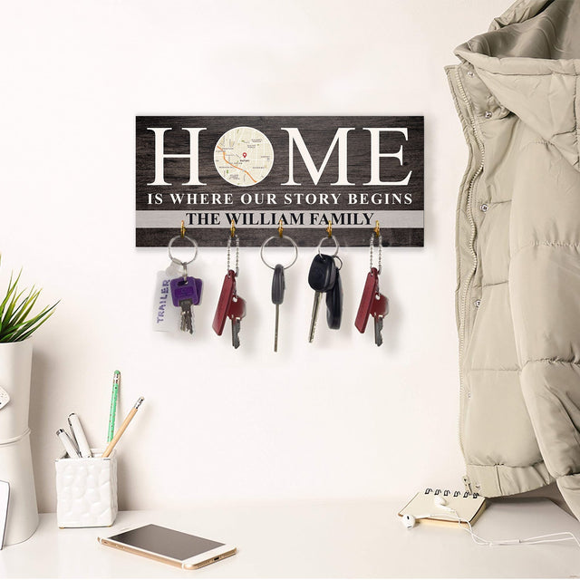 Home Is Where Our Story Begins, Custom Key Hook, Personalized Map Print By Locations