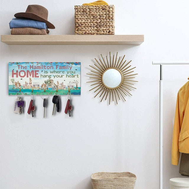 Home Is Where You Hang Your Heart, Custom Key Hook, Personalized Family Name