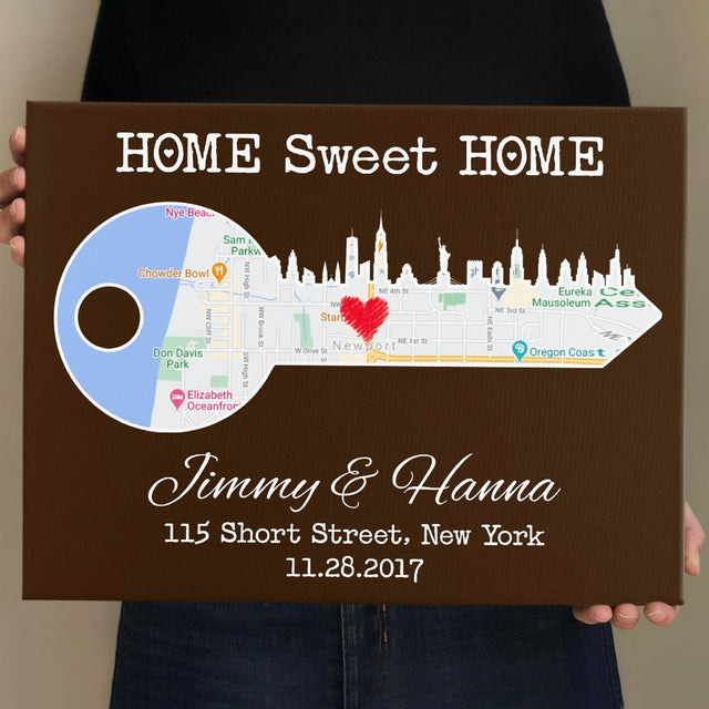 Home Sweet Home Custom Map And Text Brown Background Canvas MAP33