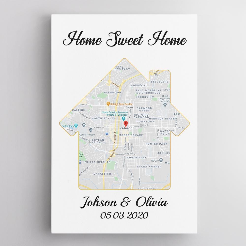 Home Sweet Home Custom Map And Text White Background Canvas