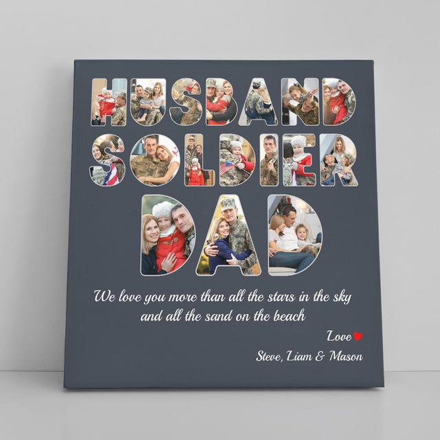 Husband, Soldier, Dad, Custom Photo, Personalized Name And Text Canvas Wall Art