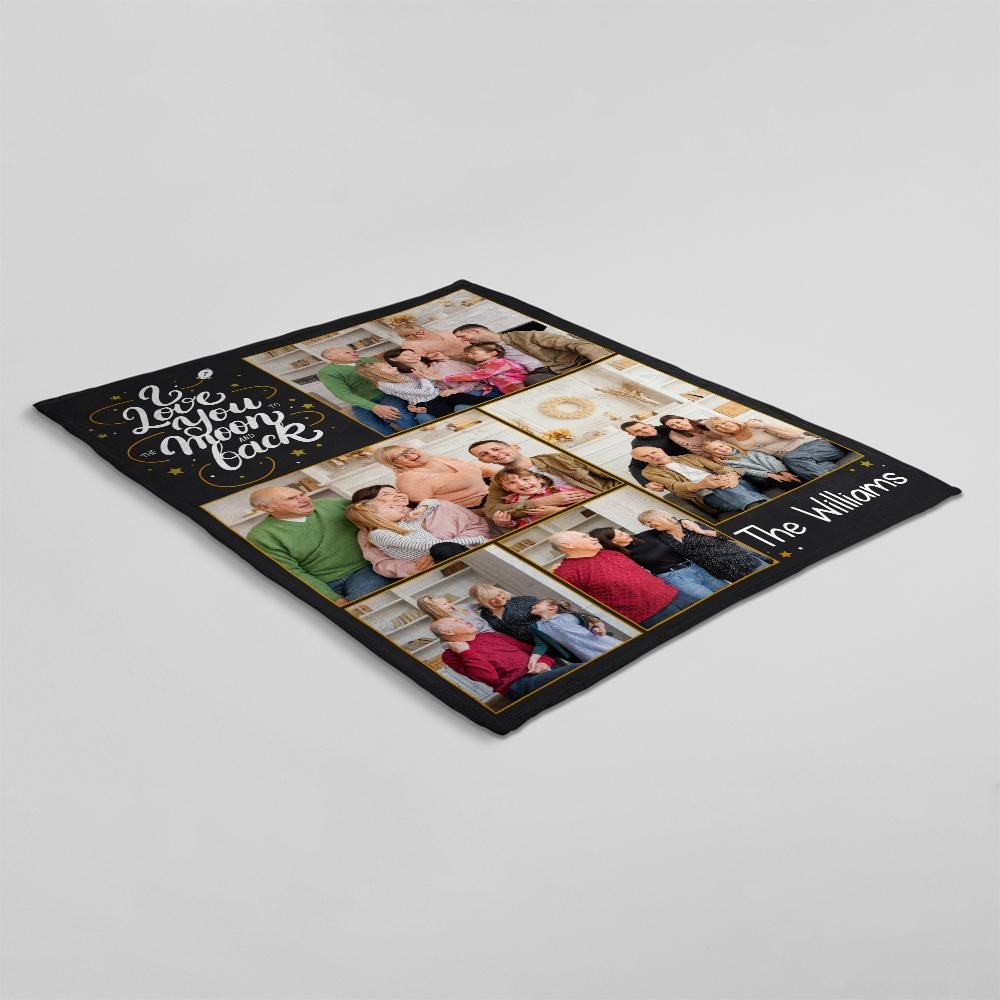 I Love To The Moon And Back, Custom Photo Collage, Personalized Family Name Blanket