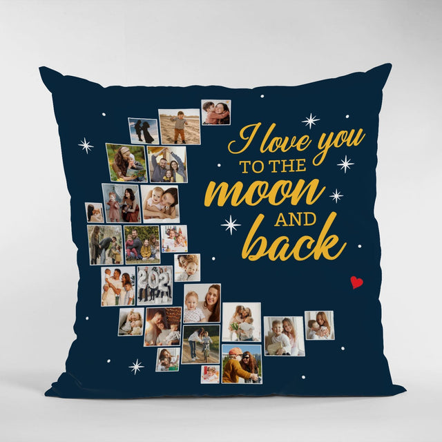 I Love You To The Moon And Back, Custom Photo Collage, 24 Pictures, Personalized Name Pillow