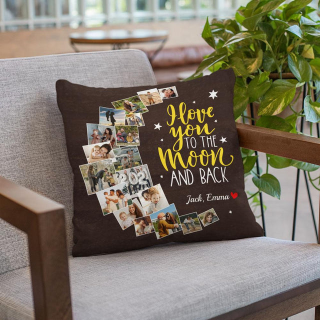 I Love You To The Moon And Back, Custom Photo Collage, 24 Pictures, Personalized Name Pillow