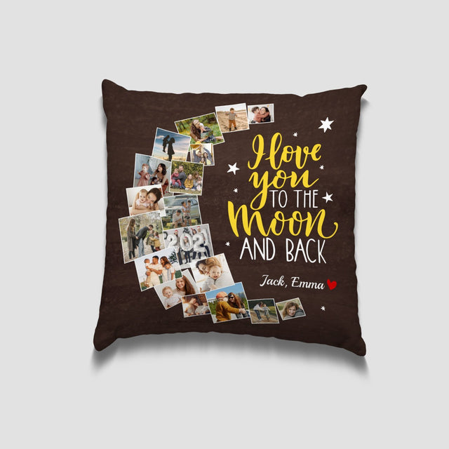 I Love You To The Moon And Back, Custom Photo Collage, 24 Pictures, Personalized Name Pillow