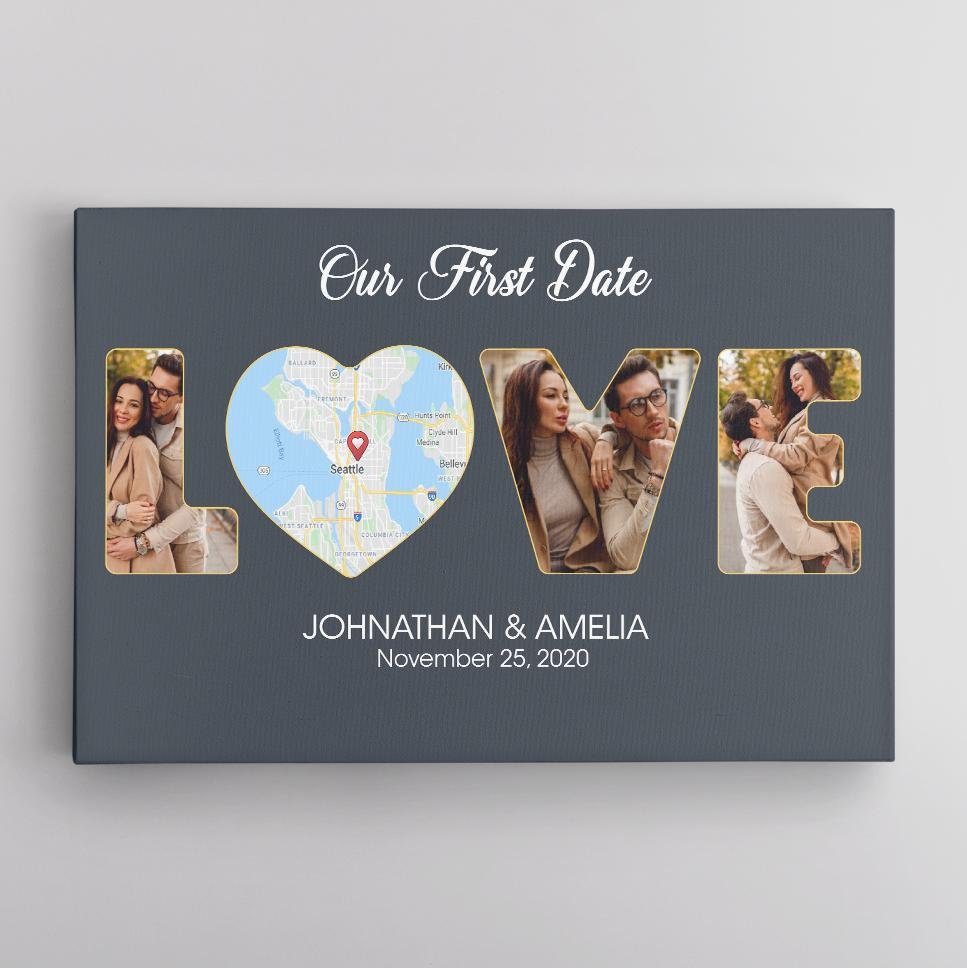 Love Custom Map Print, Photo And Text Navy Background