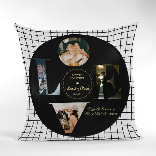 Love, Custom Photo Collage, 4 Photos, Personalized Name And Text, Vinyl Record, Pillow