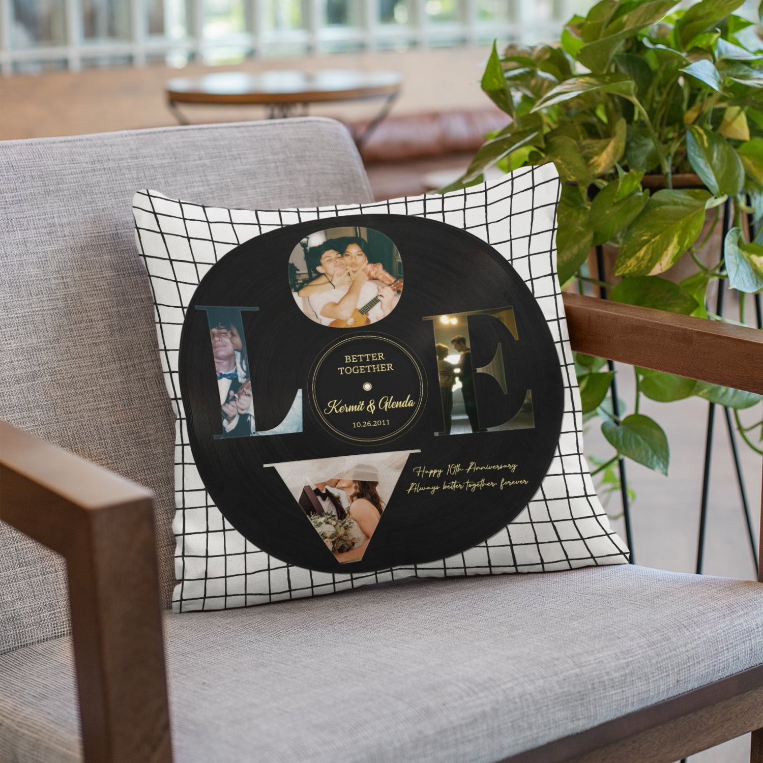 Love, Custom Photo Collage, 4 Photos, Personalized Name And Text, Vinyl Record, Pillow
