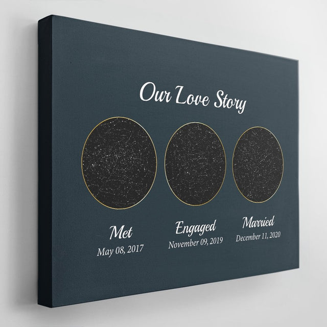 Met - Engaged - Married Custom Star Map And Text Circle Art Navy Background Canvas