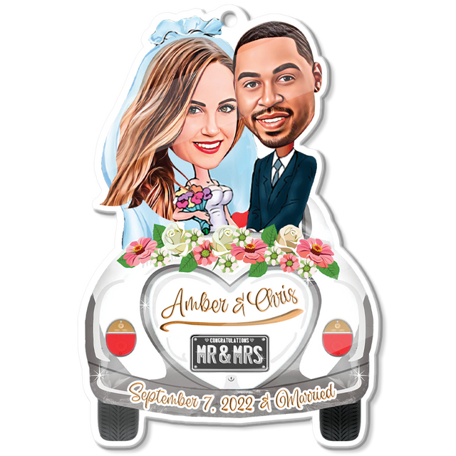 Custom Face From Photo, Married Couple in Car Christmas Shape Ornament 2 Sides