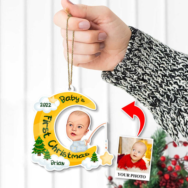 Personalized Name And Photo, Ornament For Baby, Baby's First Christmas, Baby Moon, Christmas Shape Ornament 2 Sides