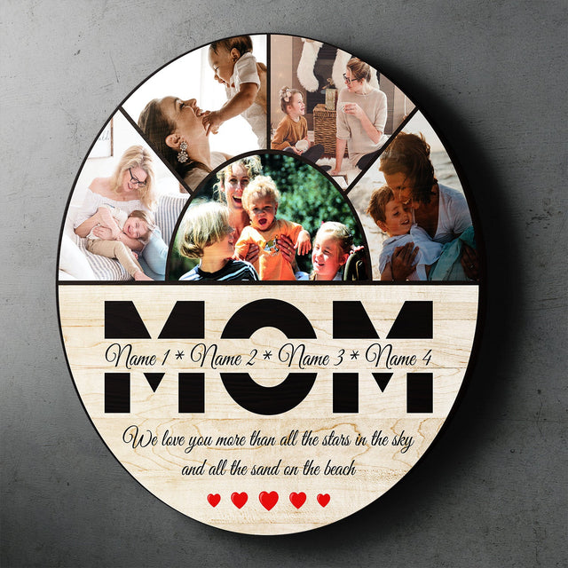 Mom Custom Photo, 5 Pictures, Personalized Name And Text, Round Wood Sign