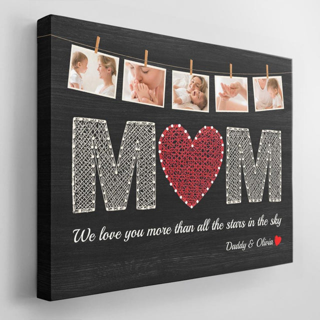 Mom Custom Photo Collage, 5 Pictures, Personalized Name And Text Black Background Canvas Wall Art