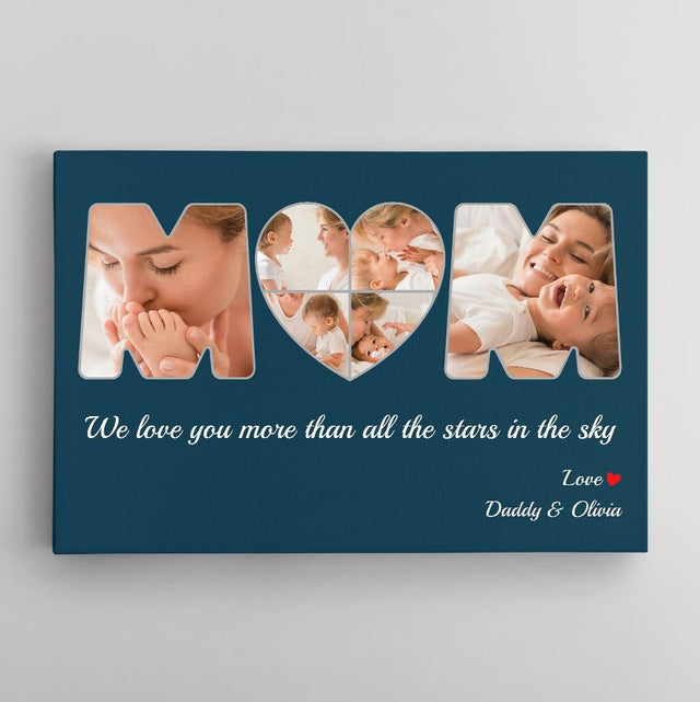 Mom Custom Photo Collage, 6 Pictures, Personalized Name And Text Blue Whale Background Canvas Wall Art