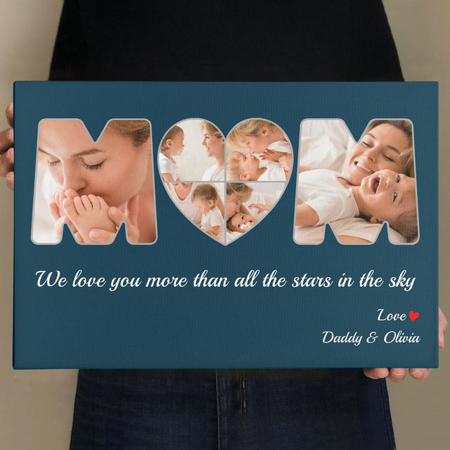 Mom Custom Photo Collage, 6 Pictures, Personalized Name And Text Blue Whale Background Canvas Wall Art