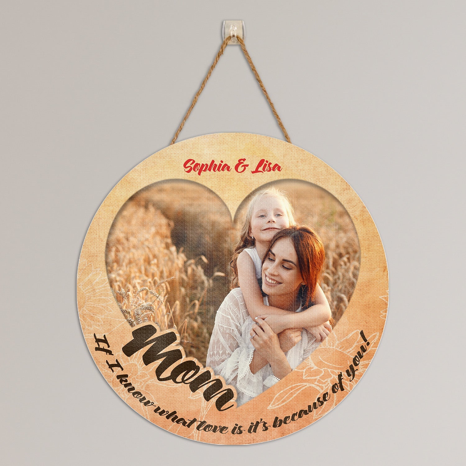 Mom, Custom Photo, Heart Shape, Personalized Name, Round Wood Sign