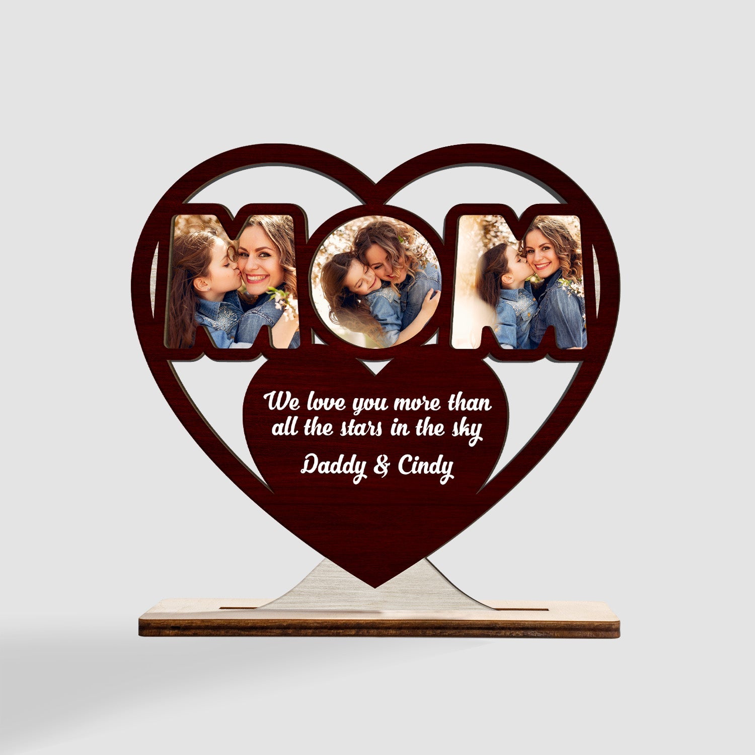 Mom, Custom Photo On Text, Heart Shape, Wooden Plaque 3 Layers