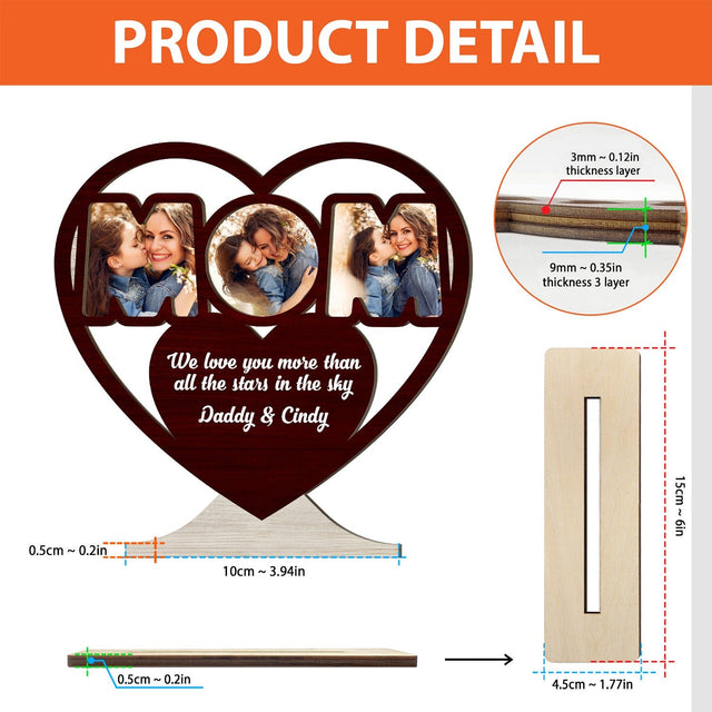 Mom, Custom Photo On Text, Heart Shape, Wooden Plaque 3 Layers