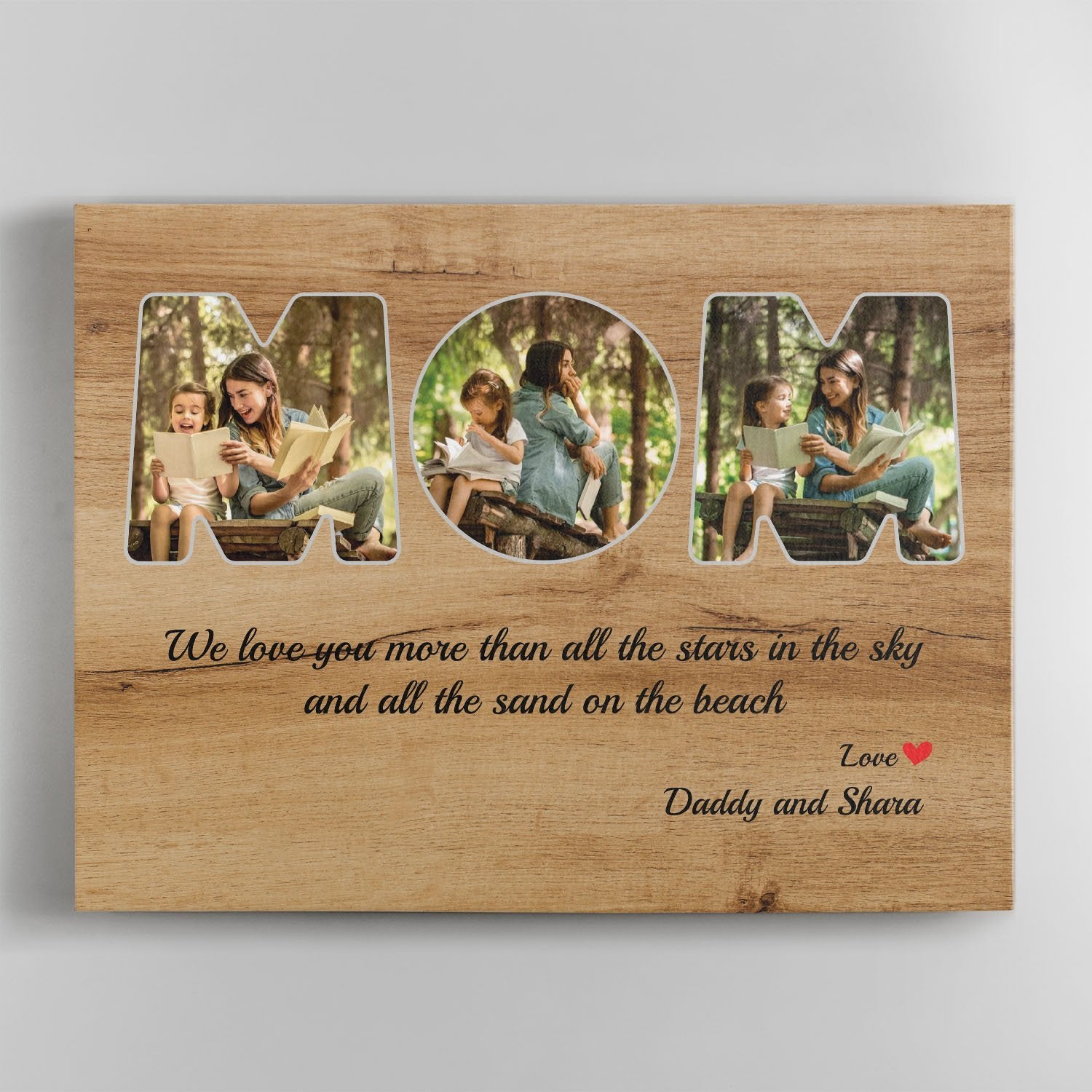 Mom Custom Upload Photo, Personalized Name And Text Wood Background Canvas Wall Art
