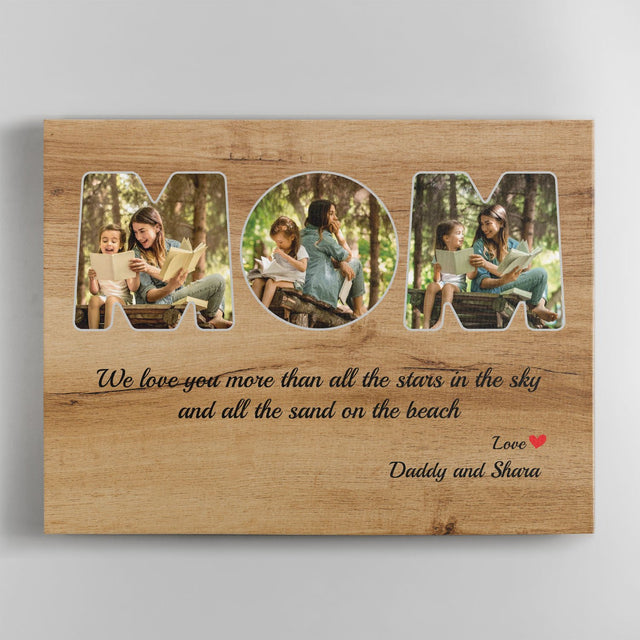 Mom Custom Upload Photo, Personalized Name And Text Wood Background Canvas Wall Art