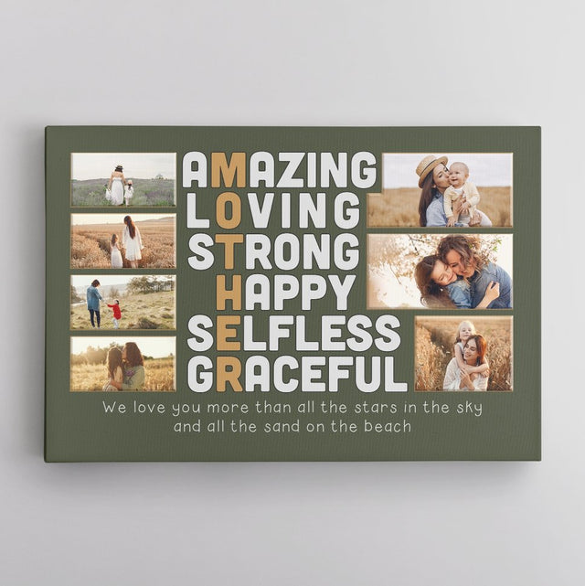 Mother, Amazing, Loving, Strong, Happy, Selfless, Graceful, Custom Photo 7 Pictures, Canvas Wall Art
