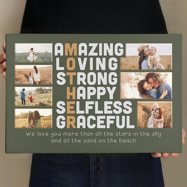 Mother, Amazing, Loving, Strong, Happy, Selfless, Graceful, Custom Photo 7 Pictures, Canvas Wall Art
