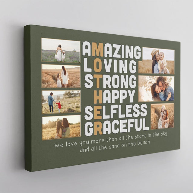 Mother, Amazing, Loving, Strong, Happy, Selfless, Graceful, Custom Photo 7 Pictures, Canvas Wall Art