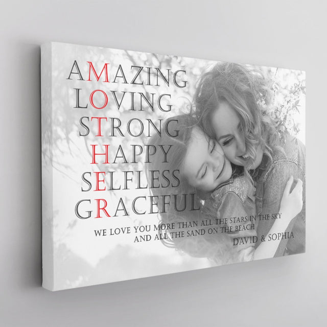 Mother, Amazing, Loving, Strong, Happy, Selfless, Graceful Custom Photo And Text Canvas Wall Art