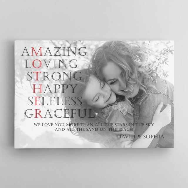 Mother, Amazing, Loving, Strong, Happy, Selfless, Graceful Custom Photo And Text Canvas Wall Art