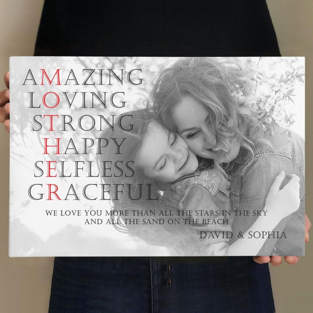 Mother, Amazing, Loving, Strong, Happy, Selfless, Graceful Custom Photo And Text Canvas Wall Art