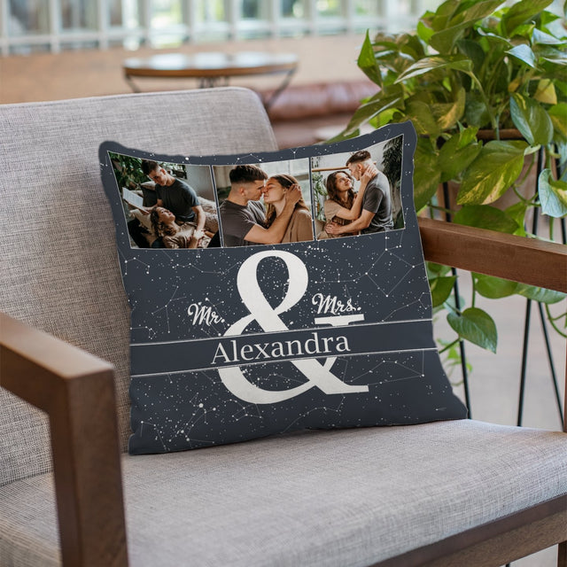 Mr & Mrs, Custom Photo Collage, Personalized Star Map Pillow